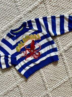 Mini Boden Blue and White Striped Sweater with Red Octopus embroidery